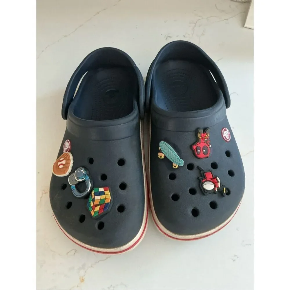 Crocs Crocband Navy Red Sz J2 Rubber Clogs with Jibbitz